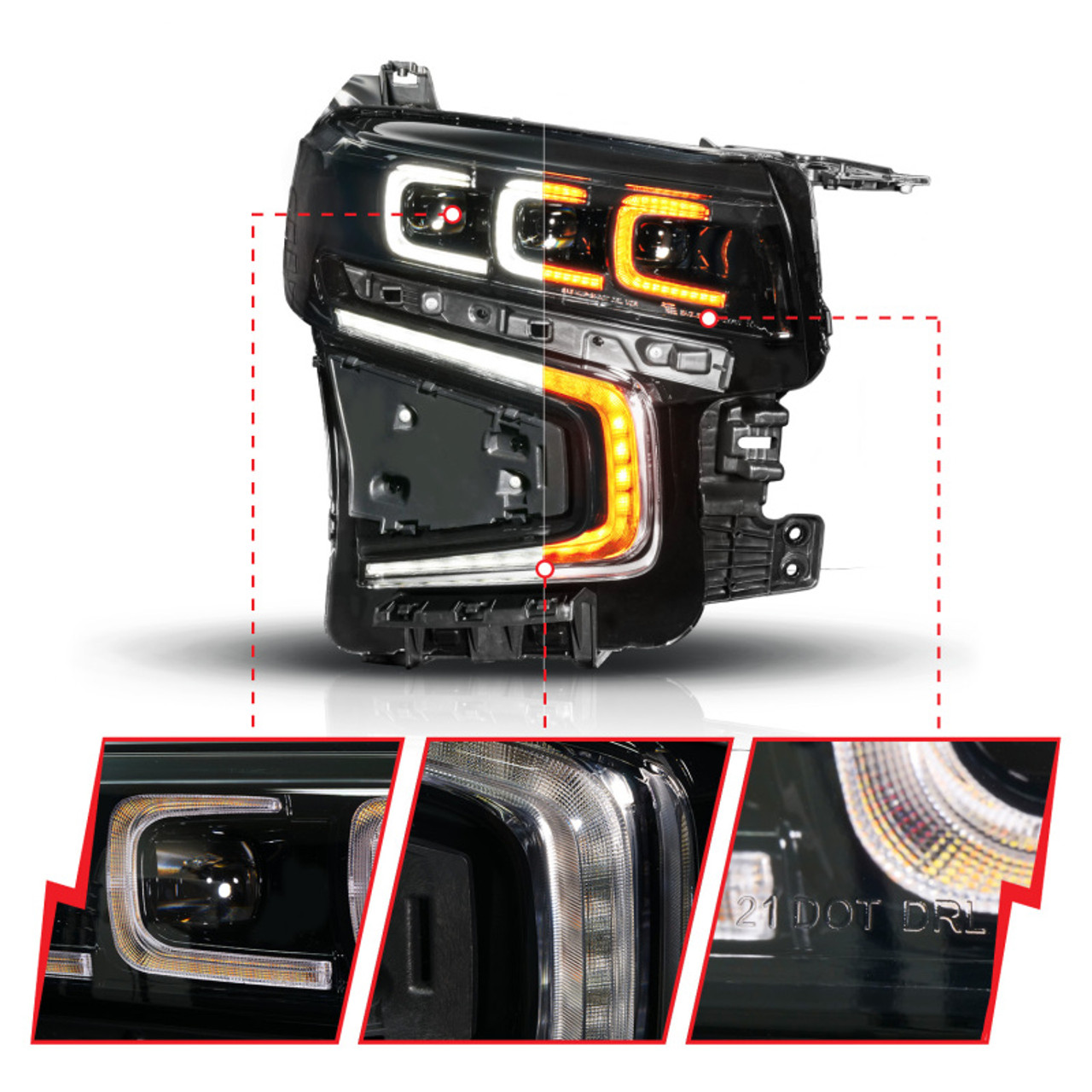 ANZO 21-23 Chevy Tahoe/Suburban LED Light Bar Style Headlights Black w/ Squential DRL (Right Side) - 111636X-R