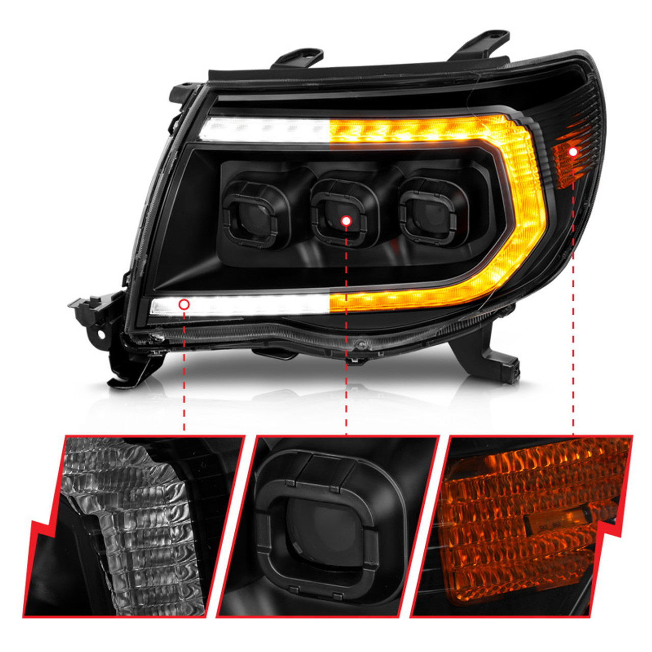 ANZO 05-11 Toyota Tacoma Full LED Proj Headlights White DRL/Init/SeqSig Black - Pair - 111640A