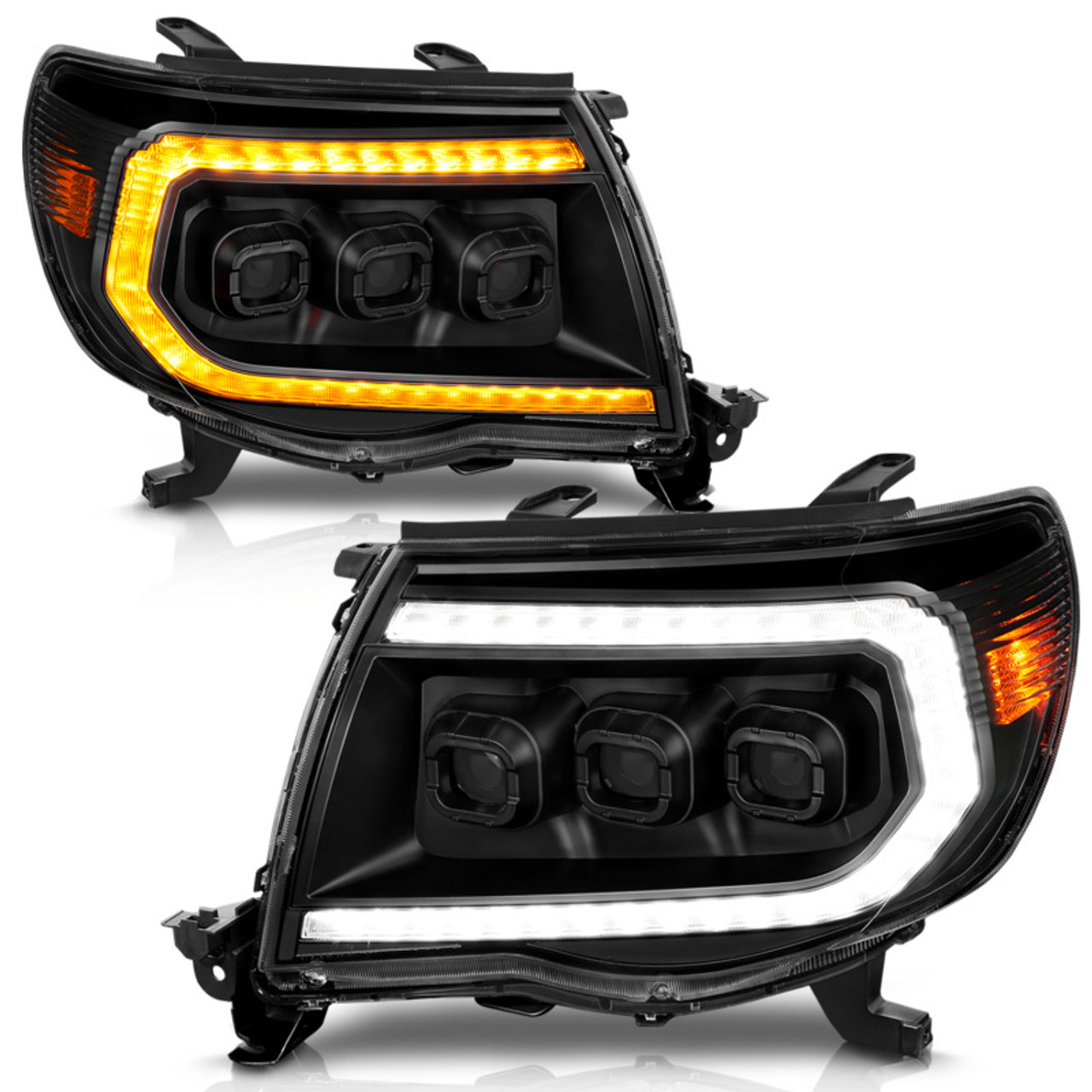 ANZO 05-11 Toyota Tacoma Full LED Proj Headlights White DRL/Init/SeqSig Black - Pair - 111640A