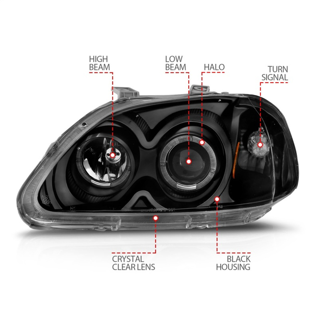 ANZO 1996-1998 Honda Civic Projector Headlights w/ Halo Black - 121068