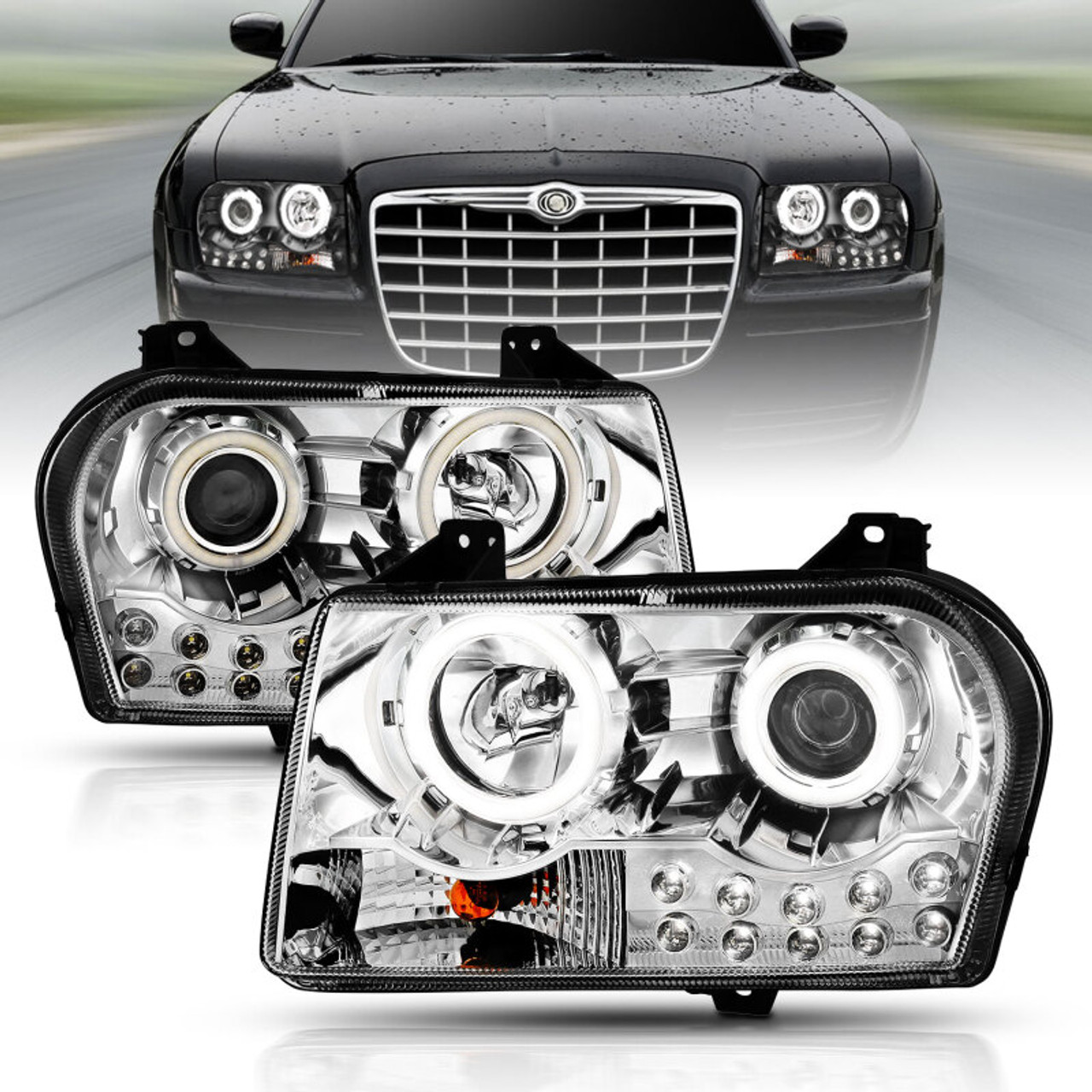 ANZO 2005-2010 Chrysler 300 Projector Headlights w/ Halo Chrome - 121136