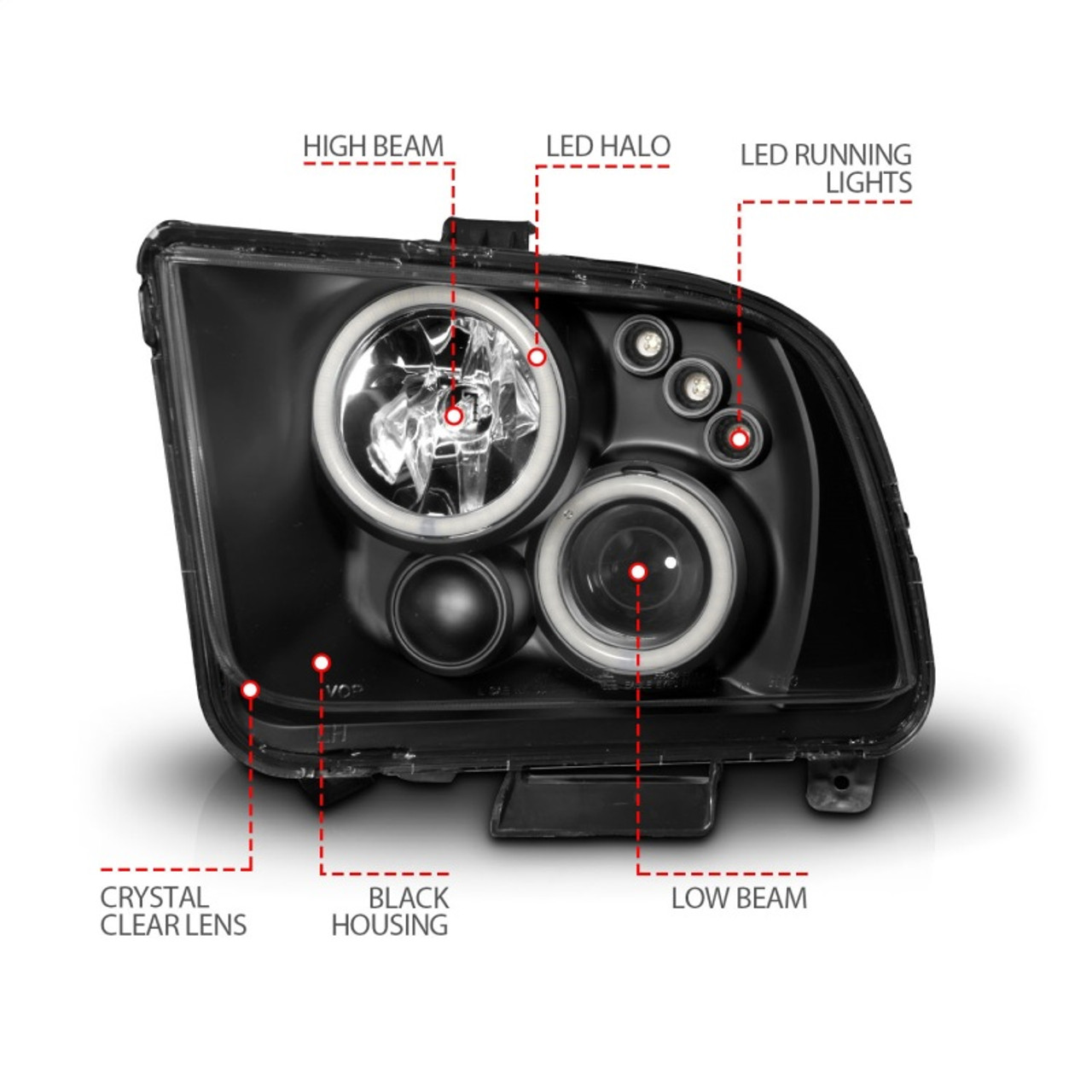ANZO 2005-2009 Ford Mustang Projector Headlights w/ Halo Black - 121166