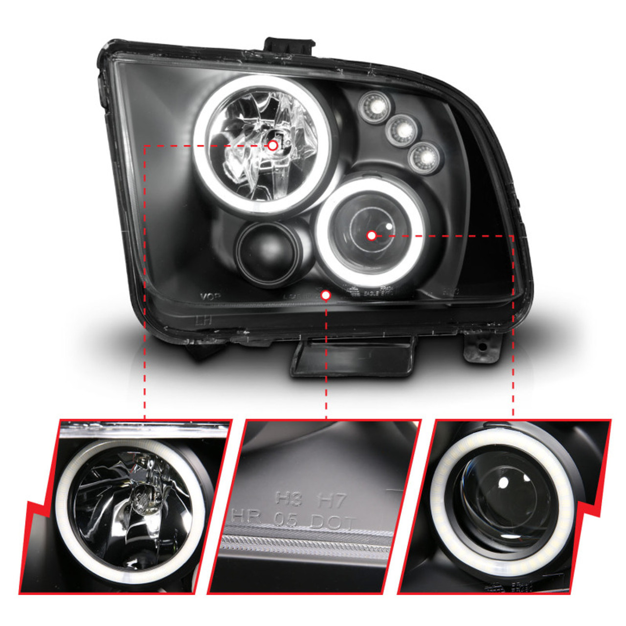 ANZO 2005-2009 Ford Mustang Projector Headlights w/ Halo Black - 121166