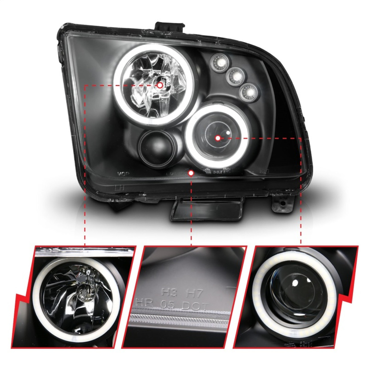 ANZO 2005-2009 Ford Mustang Projector Headlights w/ Halo Black - 121166
