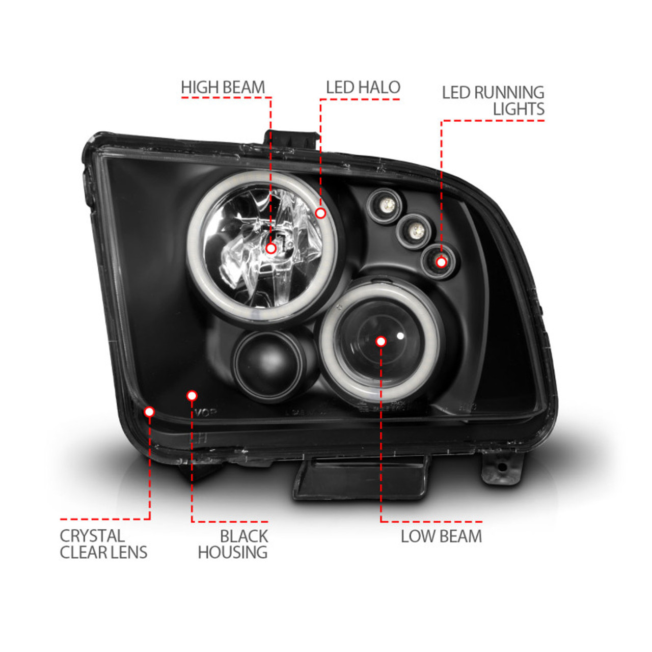 ANZO 2005-2009 Ford Mustang Projector Headlights w/ Halo Black - 121166