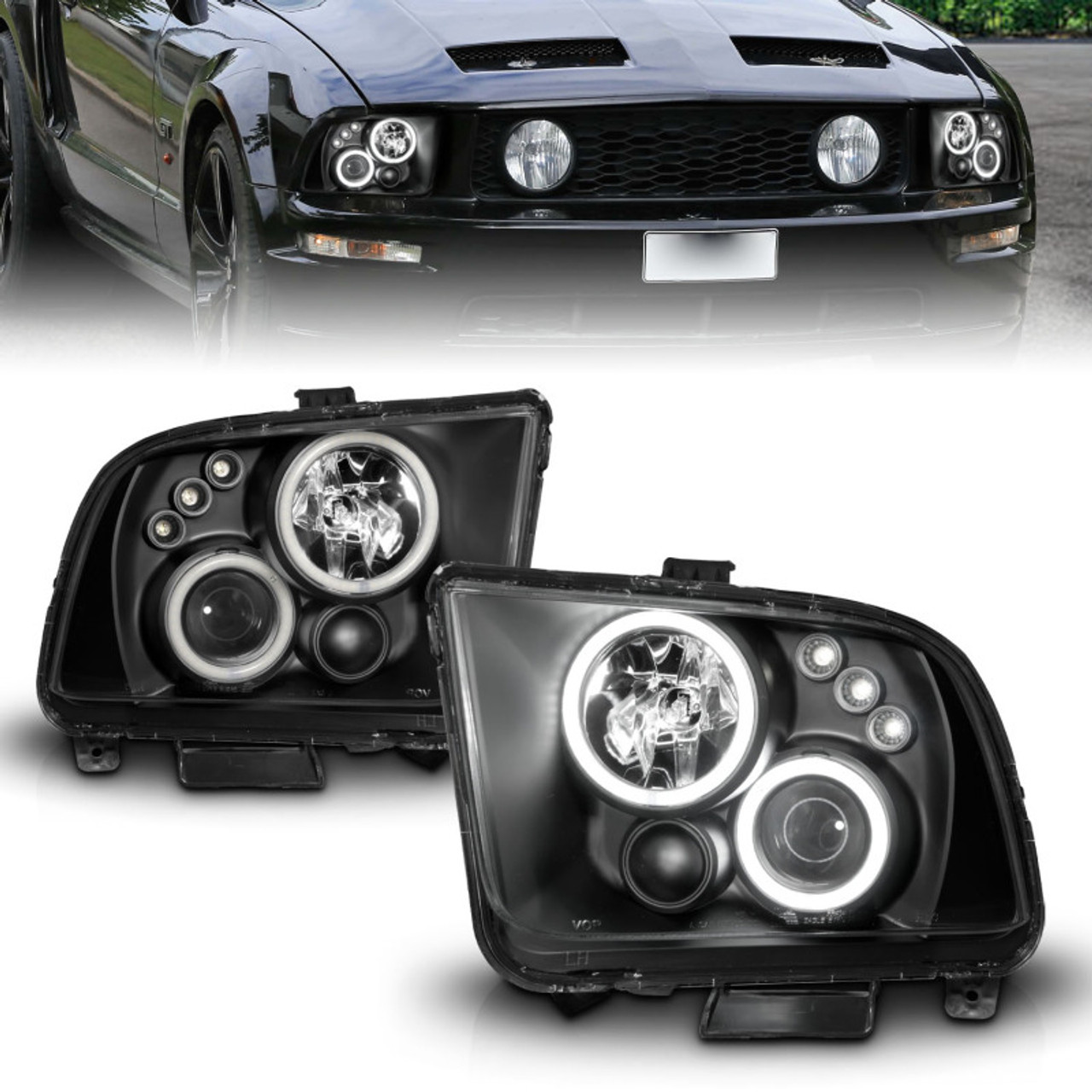 ANZO 2005-2009 Ford Mustang Projector Headlights w/ Halo Black - 121166