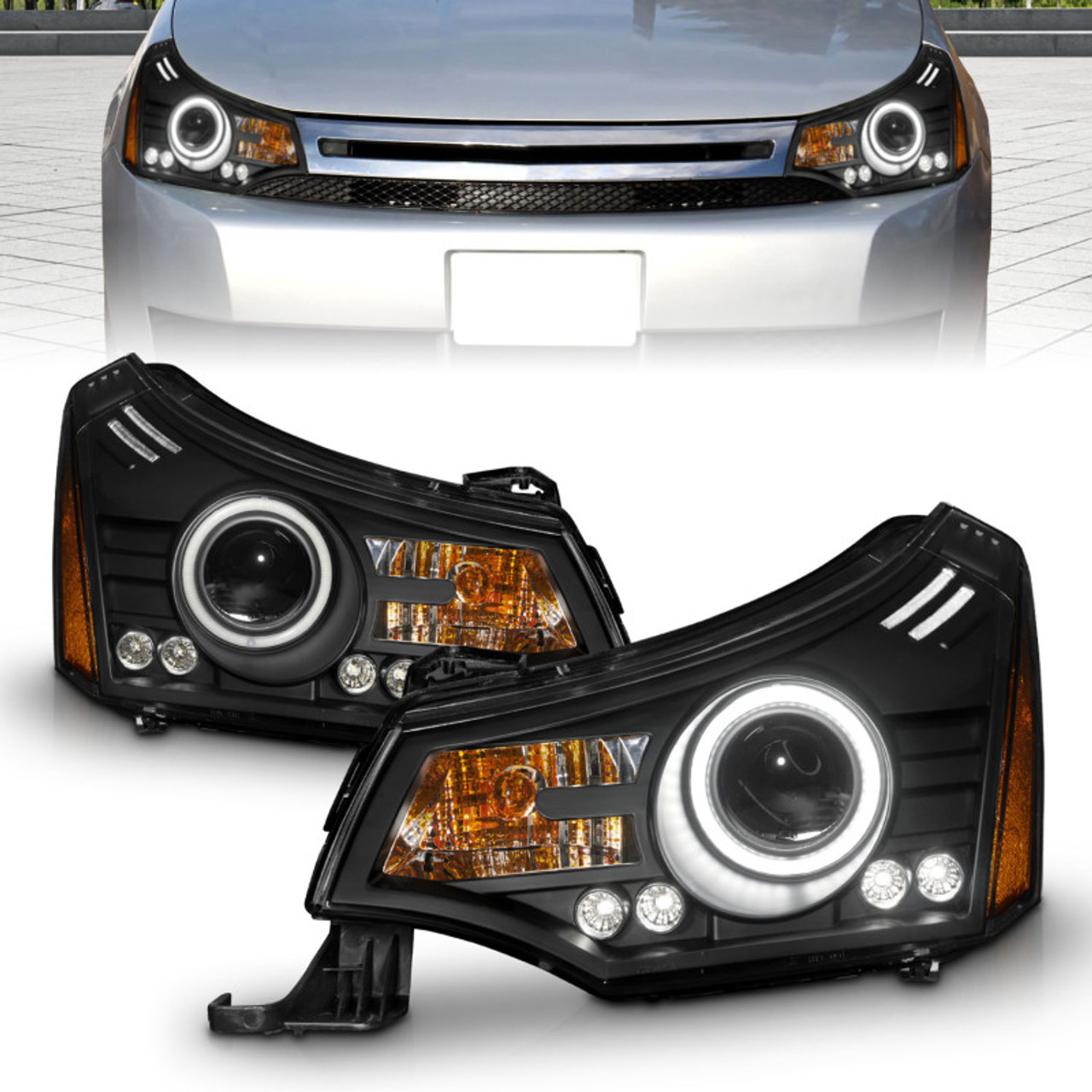 ANZO 2008-2011 Ford Focus Projector Headlights Black - 121272