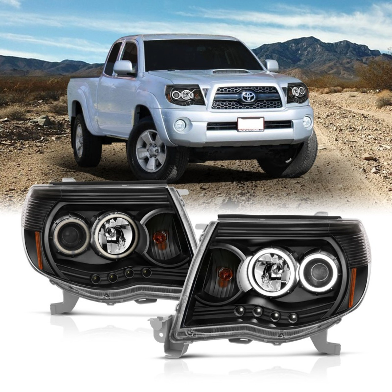 ANZO 2005-2011 Toyota Tacoma Projector Headlights w/ Halo Black - 121282