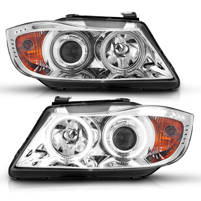 ANZO 2006-2008 BMW 3 Series E90-E91 Projector Headlights w/ Halo w/ LED Bar Chrome (CCFL) - 121336