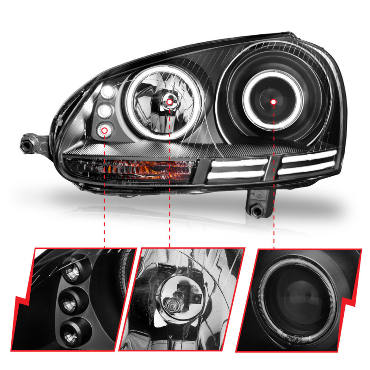 ANZO 2006-2009 Volkswagen Rabbit Projector Headlights w/ Halo Black (CCFL) - 121345