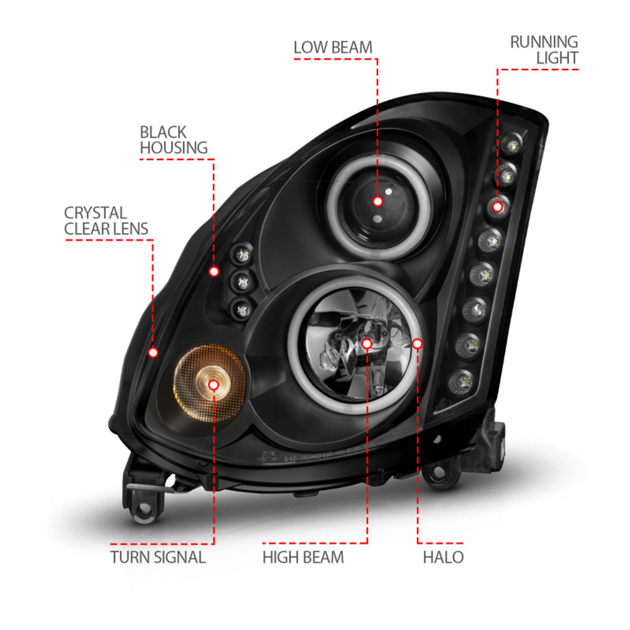 ANZO 2003-2007 Infiniti G35 Projector Headlights w/ Halo Black (CCFL) (HID Compatible) - 121363