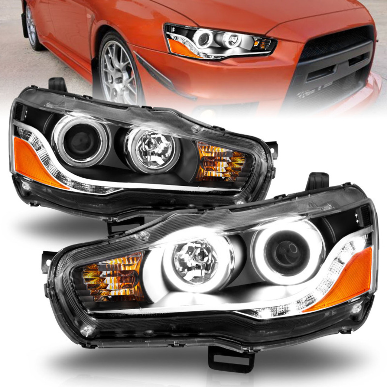 ANZO 2008-2015 Mitsubishi Lancer Projector Headlights w/ Halo Black (CCFL) - 121428