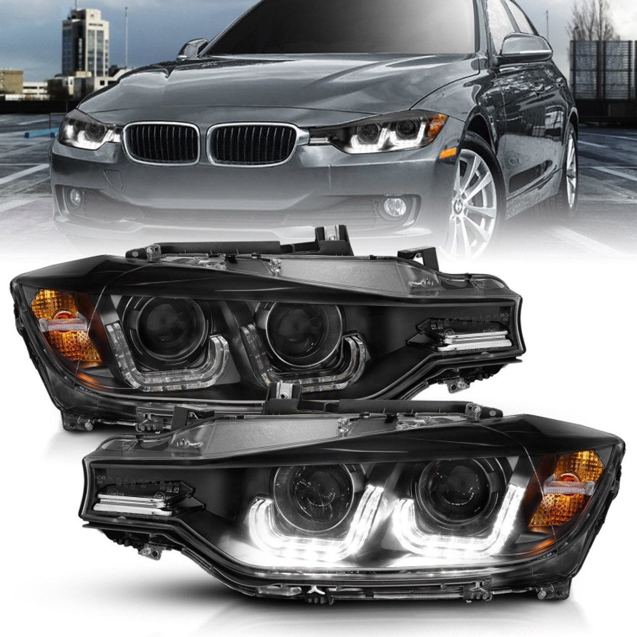 ANZO 2012-2015 BMW 3 Series Projector Headlights w/ U-Bar Black - 121504