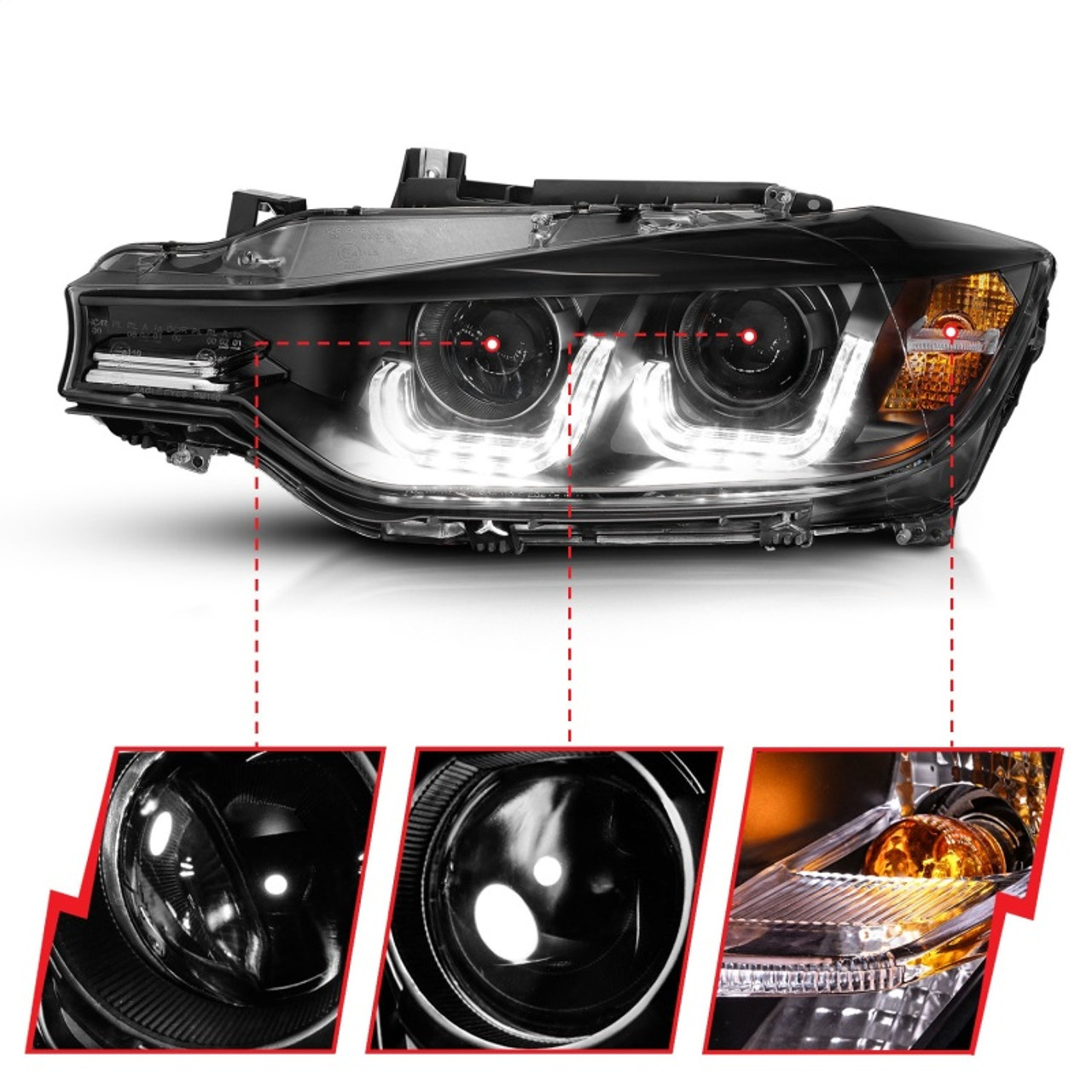 ANZO 2012-2015 BMW 3 Series Projector Headlights w/ U-Bar Black - 121504