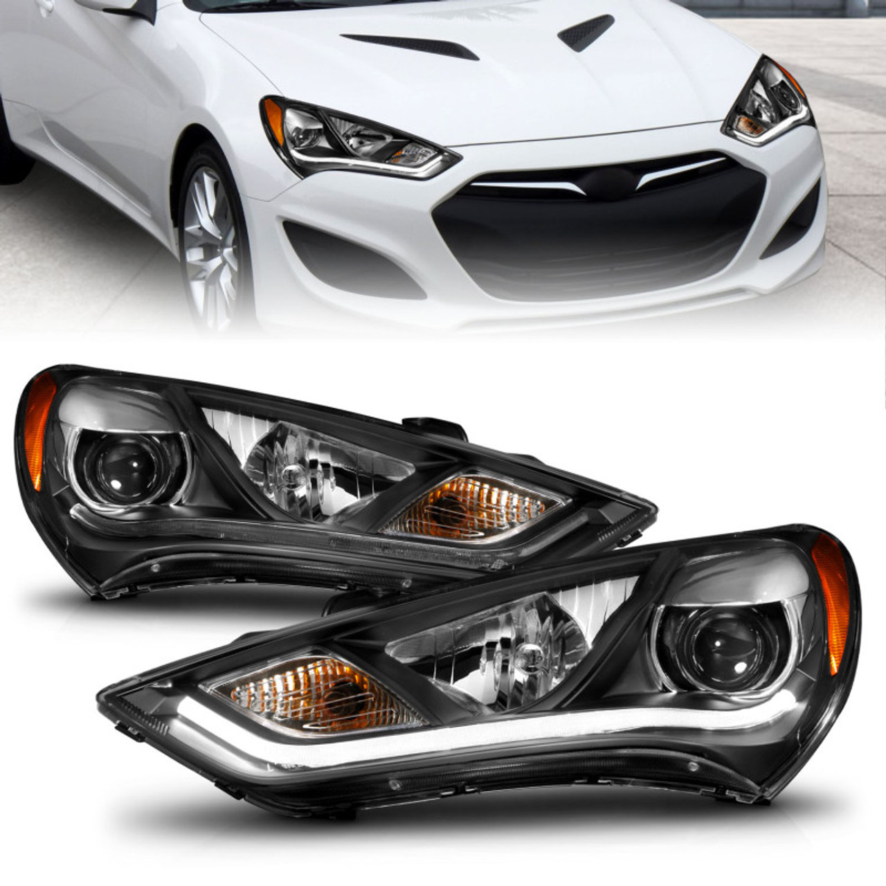 ANZO 2013-2015 Hyundai Genesis Projector Headlights w/ Plank Style Design Black (HID Compatible) - 121511