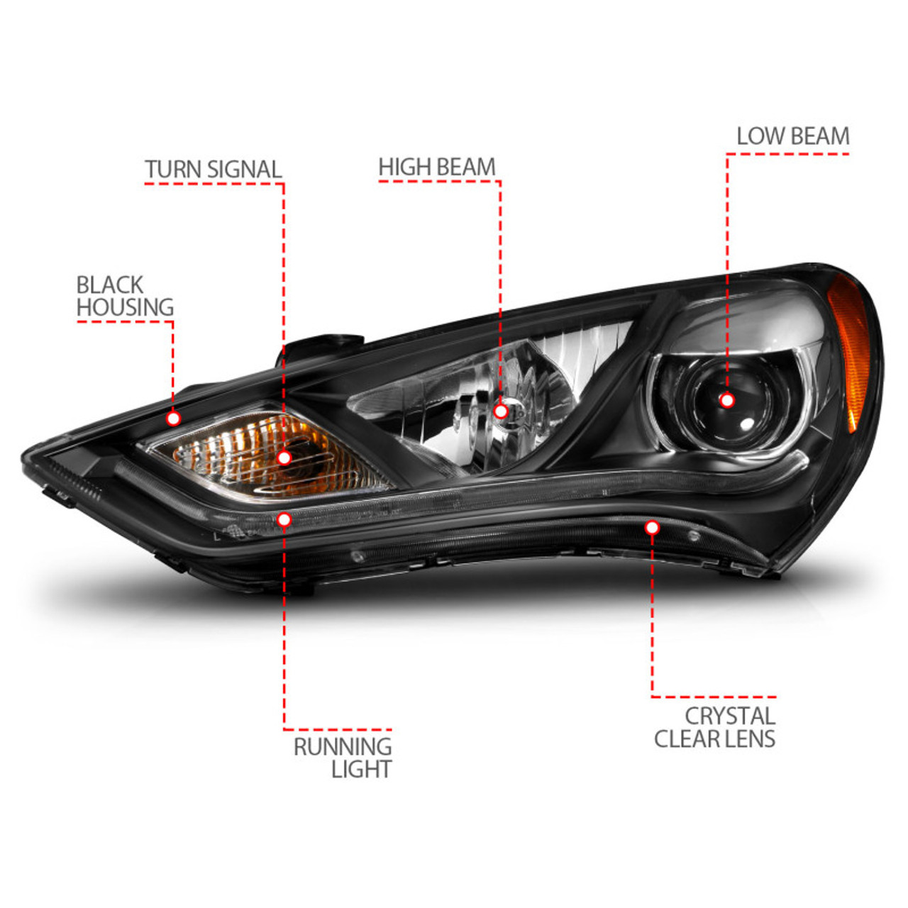 ANZO 2013-2015 Hyundai Genesis Projector Headlights w/ Plank Style Design Black (HID Compatible) - 121511