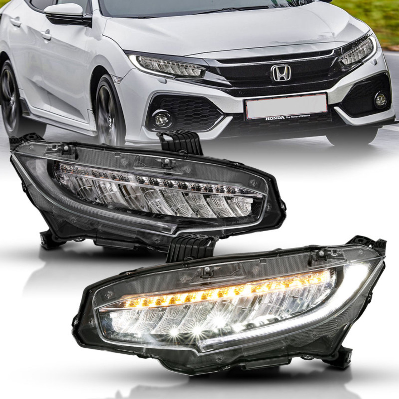 ANZO 16-17 Honda Civic Projector Headlights Plank Style Black w/Amber/Sequential Turn Signal - 121527