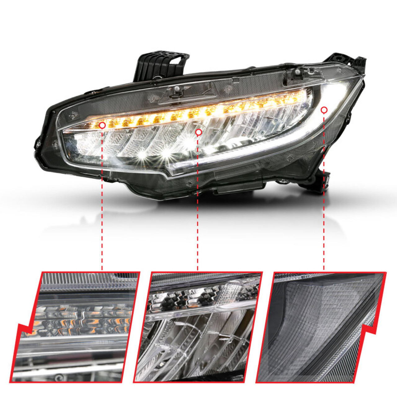 ANZO 16-17 Honda Civic Projector Headlights Plank Style Black w/Amber/Sequential Turn Signal - 121527
