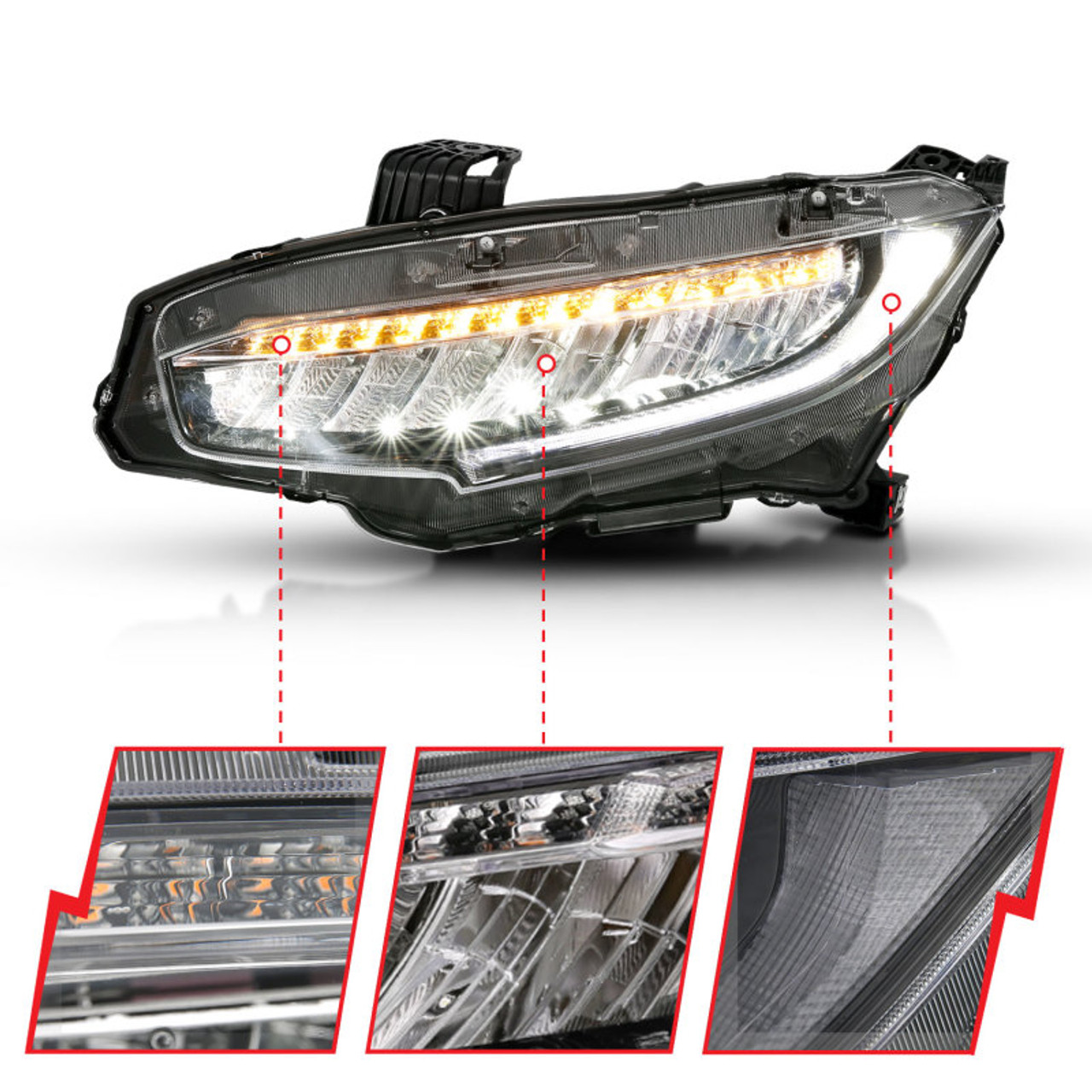 ANZO 16-17 Honda Civic Projector Headlights Plank Style Black w/Amber/Sequential Turn Signal - 121527