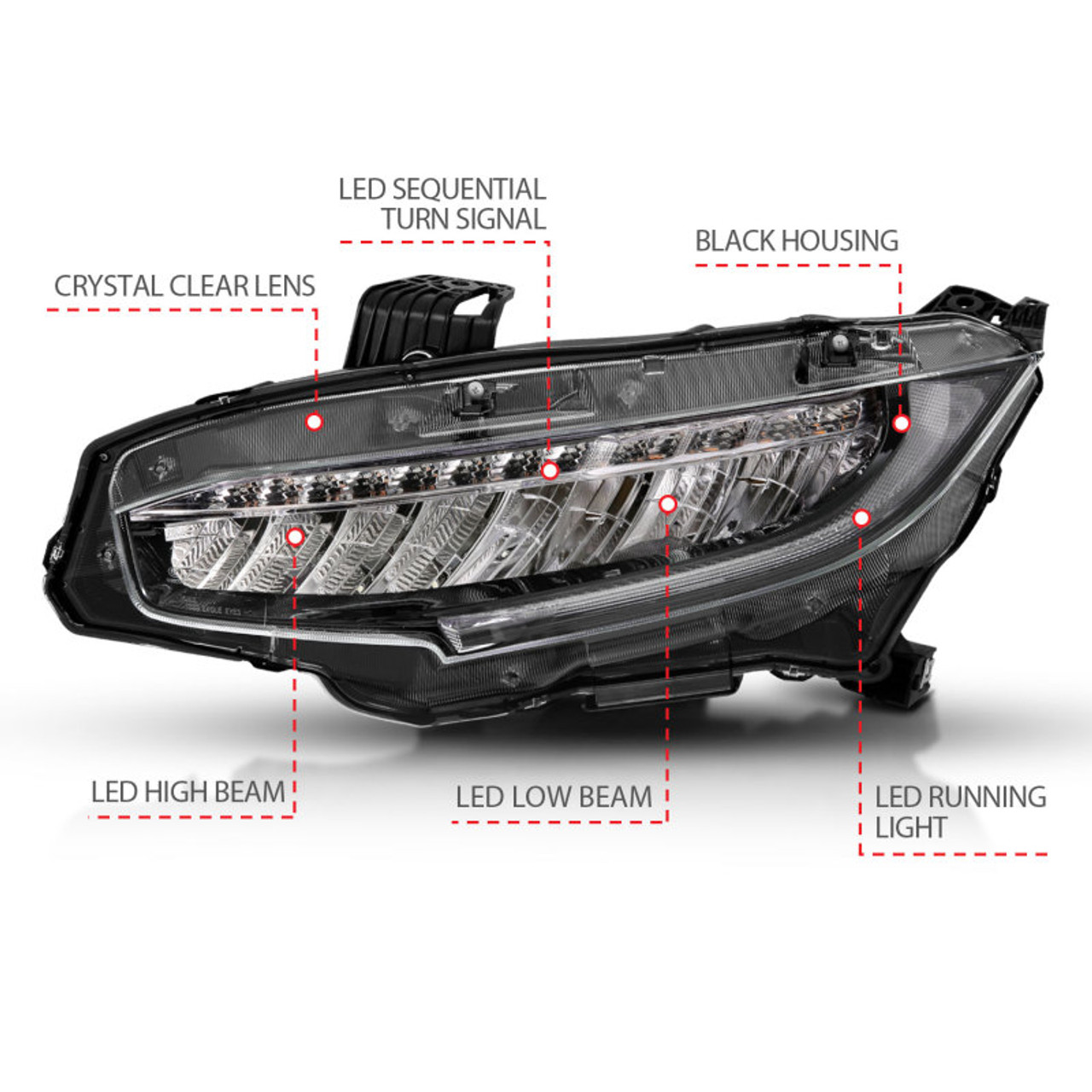 ANZO 16-17 Honda Civic Projector Headlights Plank Style Black w/Amber/Sequential Turn Signal - 121527