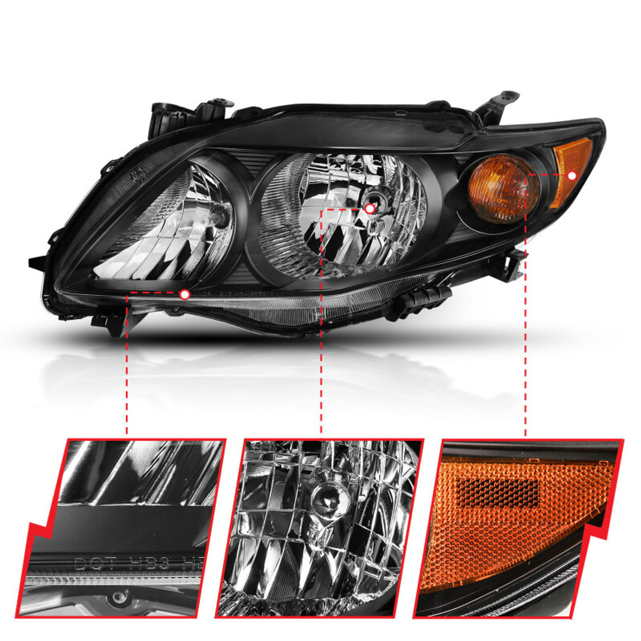 ANZO 2009-2010 Toyota Corolla Crystal Headlight Black Amber - 121541