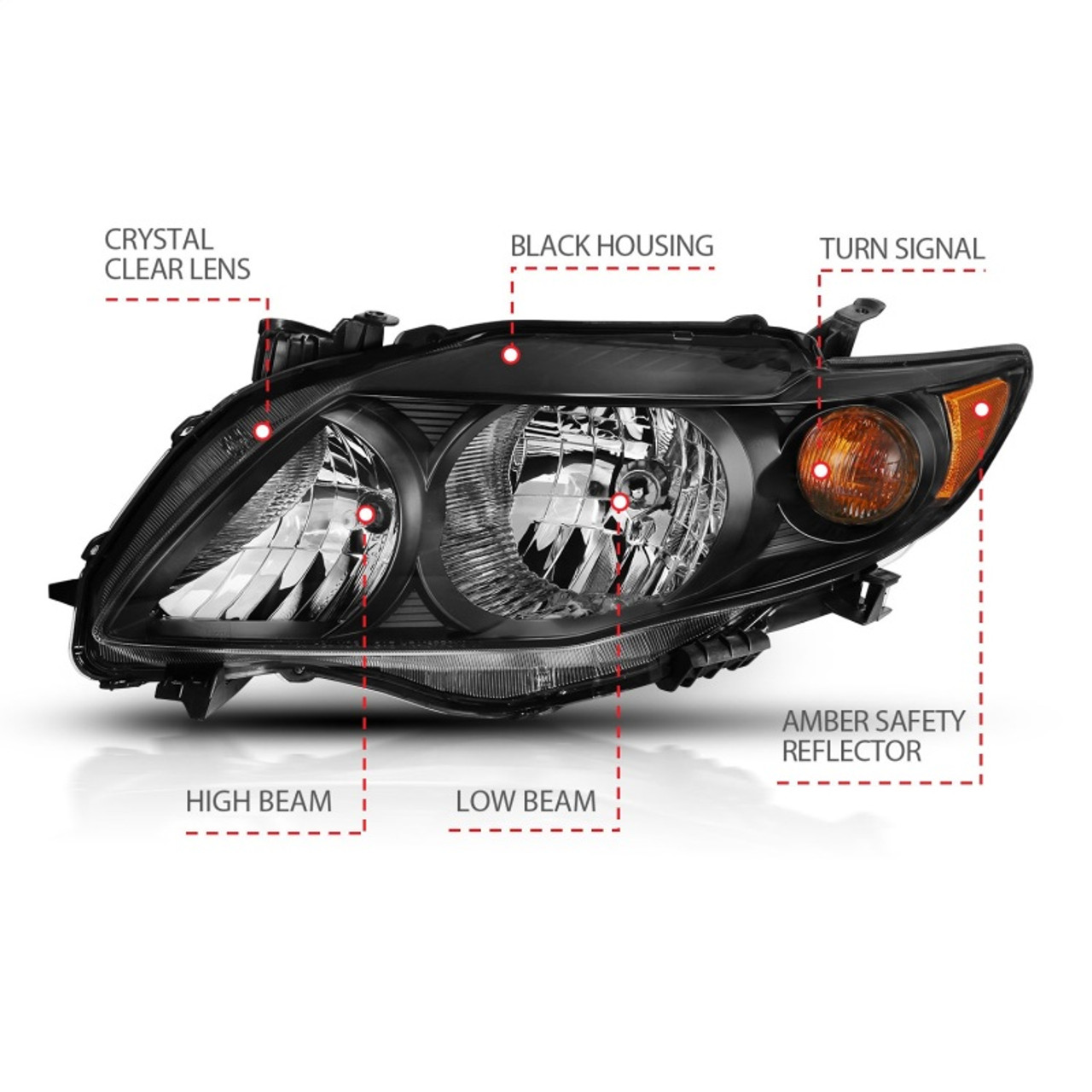 ANZO 2009-2010 Toyota Corolla Crystal Headlight Black Amber - 121541