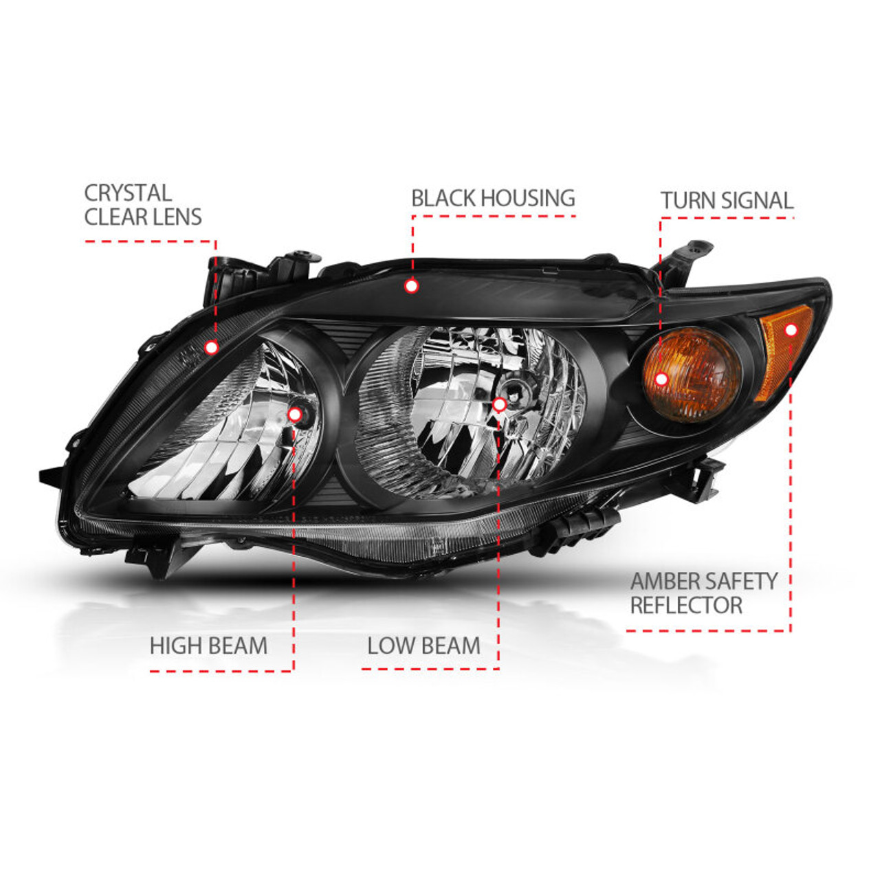 ANZO 2009-2010 Toyota Corolla Crystal Headlight Black Amber - 121541