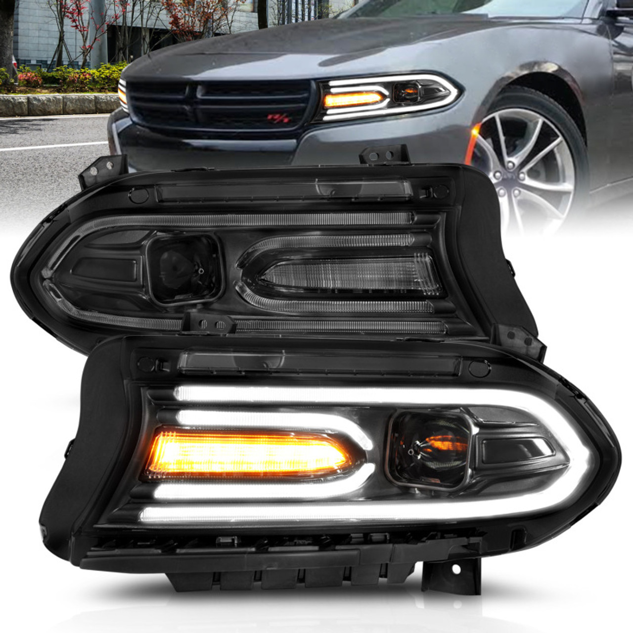 ANZO 2015-2018 Dodge Charger Projector Headlights Plank Style Black - 121559