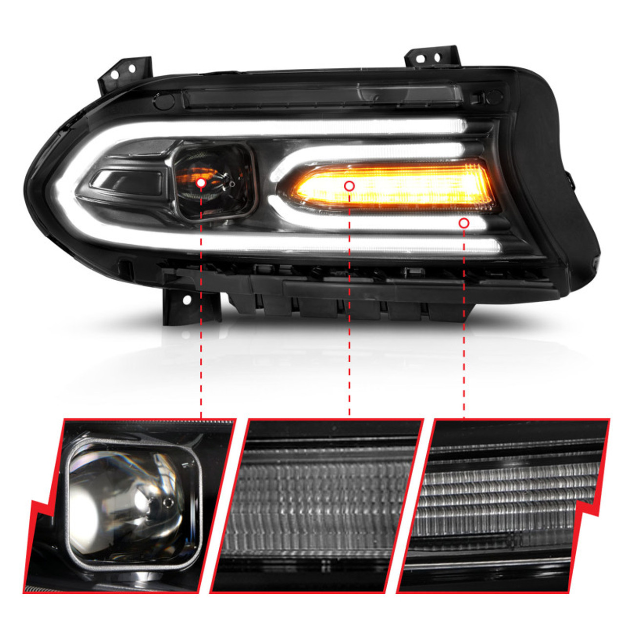 ANZO 2015-2018 Dodge Charger Projector Headlights Plank Style Black - 121559