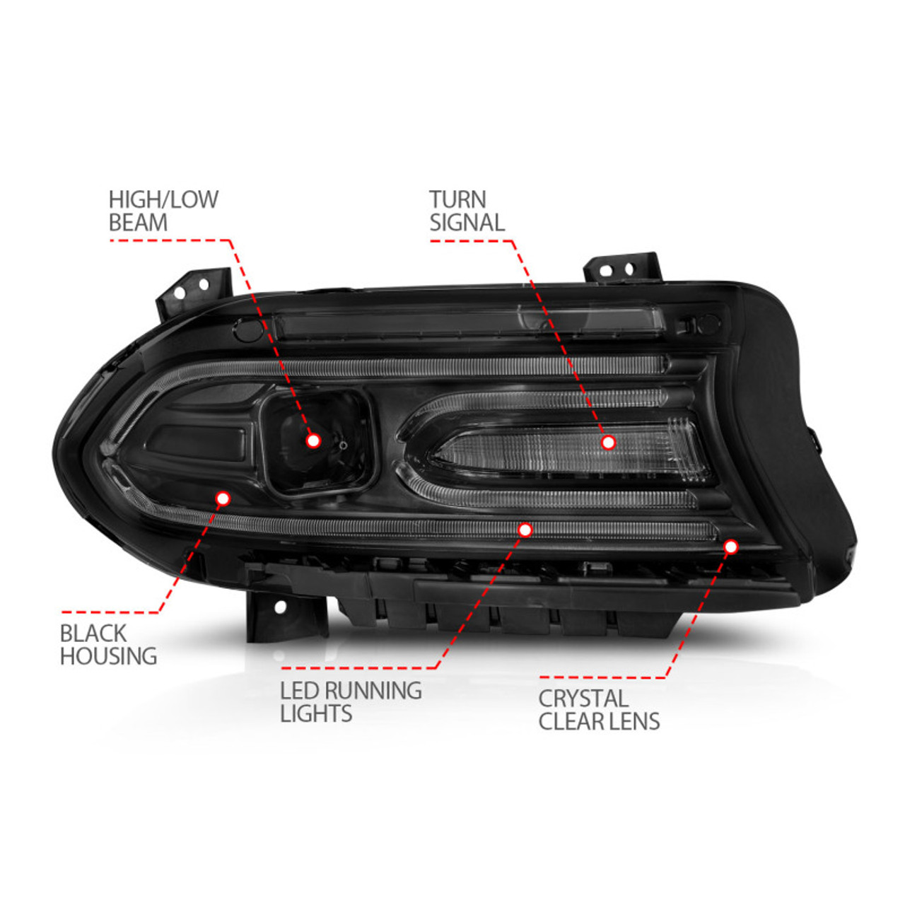 ANZO 2015-2018 Dodge Charger Projector Headlights Plank Style Black - 121559