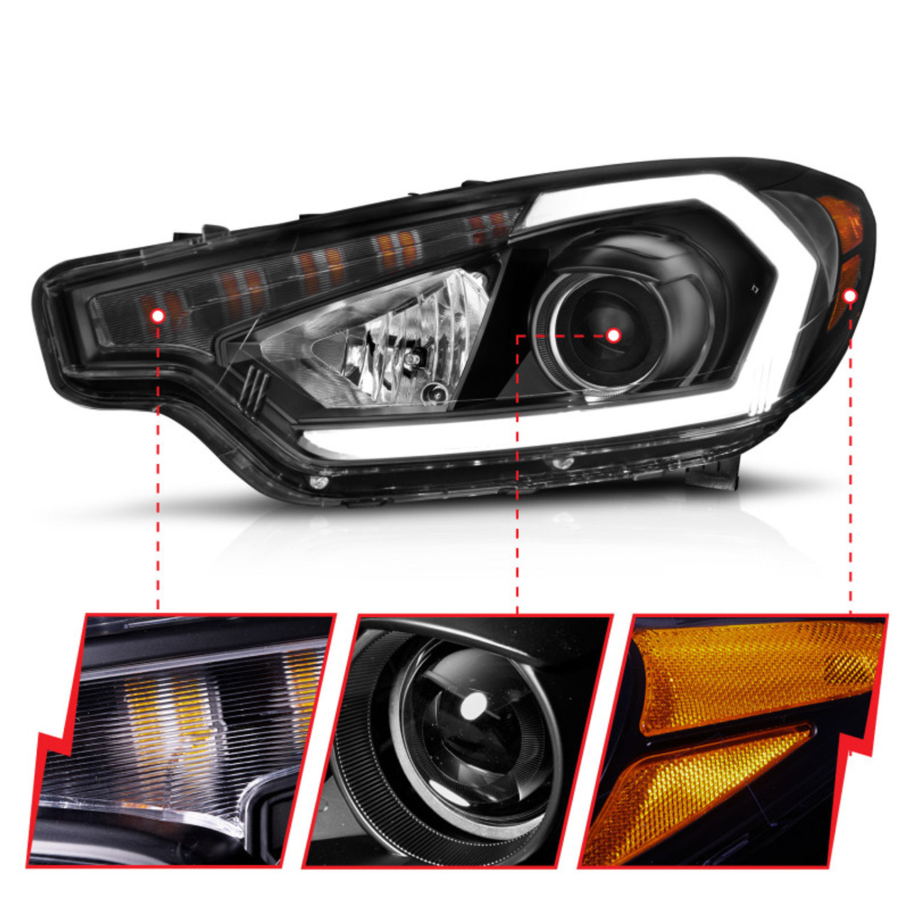 ANZO 2014-2016 Kia Forte Projector Headlights w/ Light Bar Black Housing w/ DRL - 121562