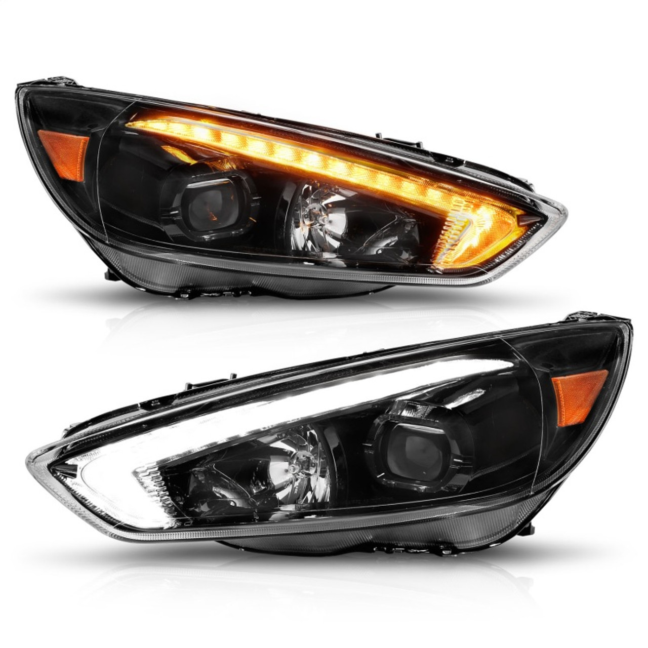 ANZO 15-18 Ford Focus Projector Headlights - w/ Light Bar Switchback Black Housing - 121564