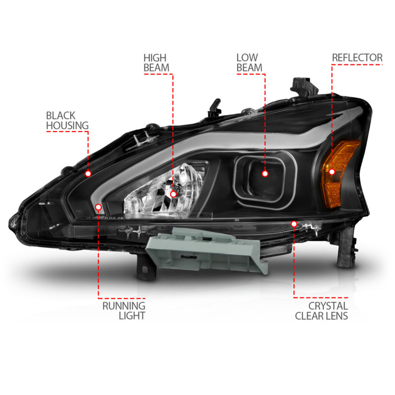 ANZO 13-15 Nissan Altima (w/o Factory HID Bulbs) Projector Headlights - w/ Light Bar Black Housing - 121569