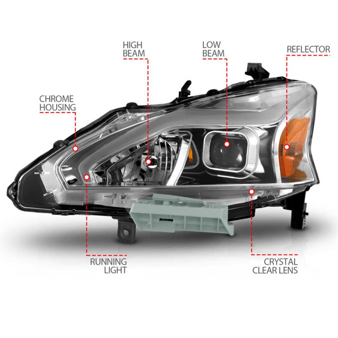 ANZO 13-15 Nissan Altima (w/o Factory HID Bulbs) Projector Headlights - w/ Light Bar Chrome Housing - 121570