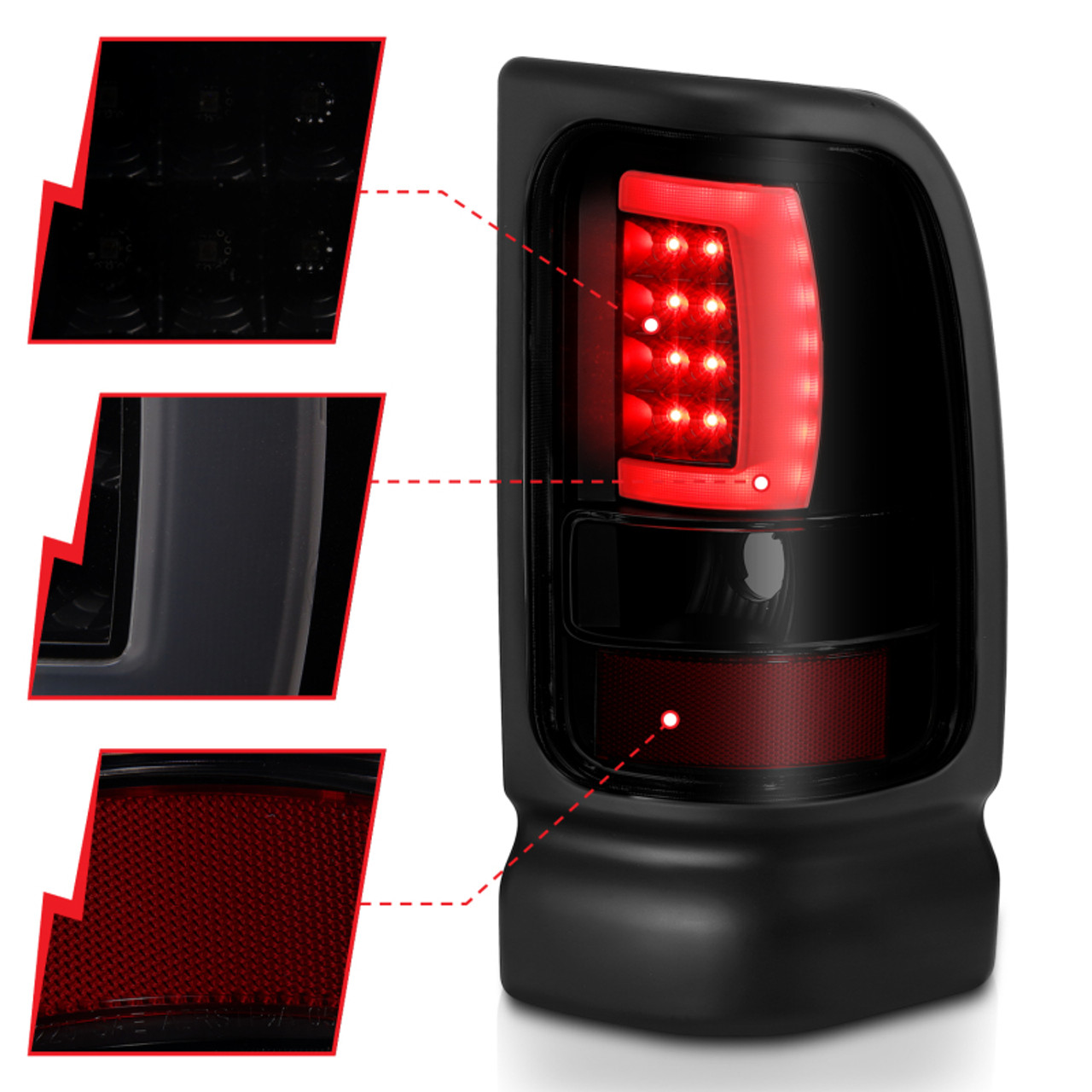 ANZO 1994-2001 Dodge Ram 1500 LED Taillights Plank Style Black w/Smoke Lens - 311340