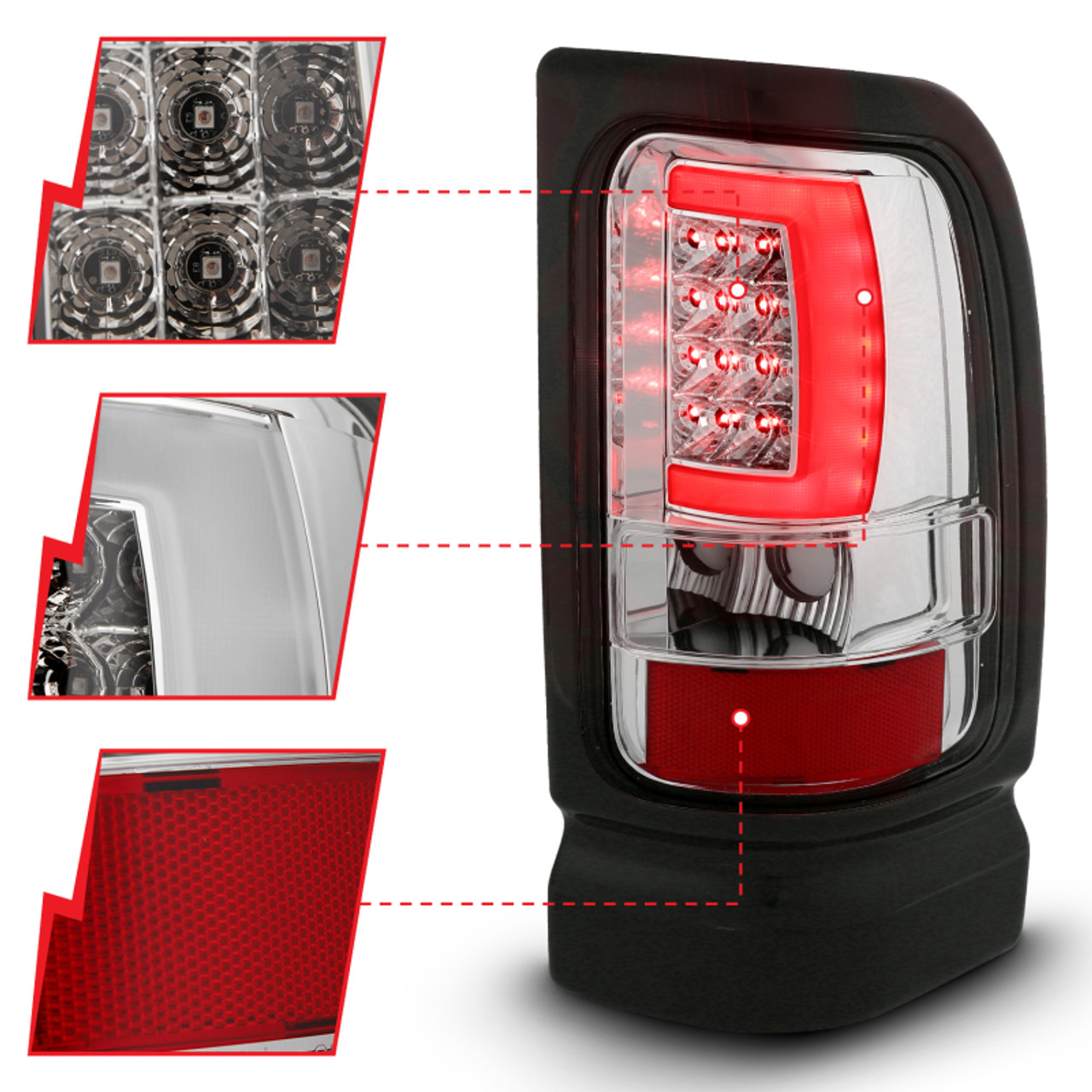 ANZO 1994-2001 Dodge Ram 1500 LED Taillights Plank Style Chrome w/ Clear Lens - 311341