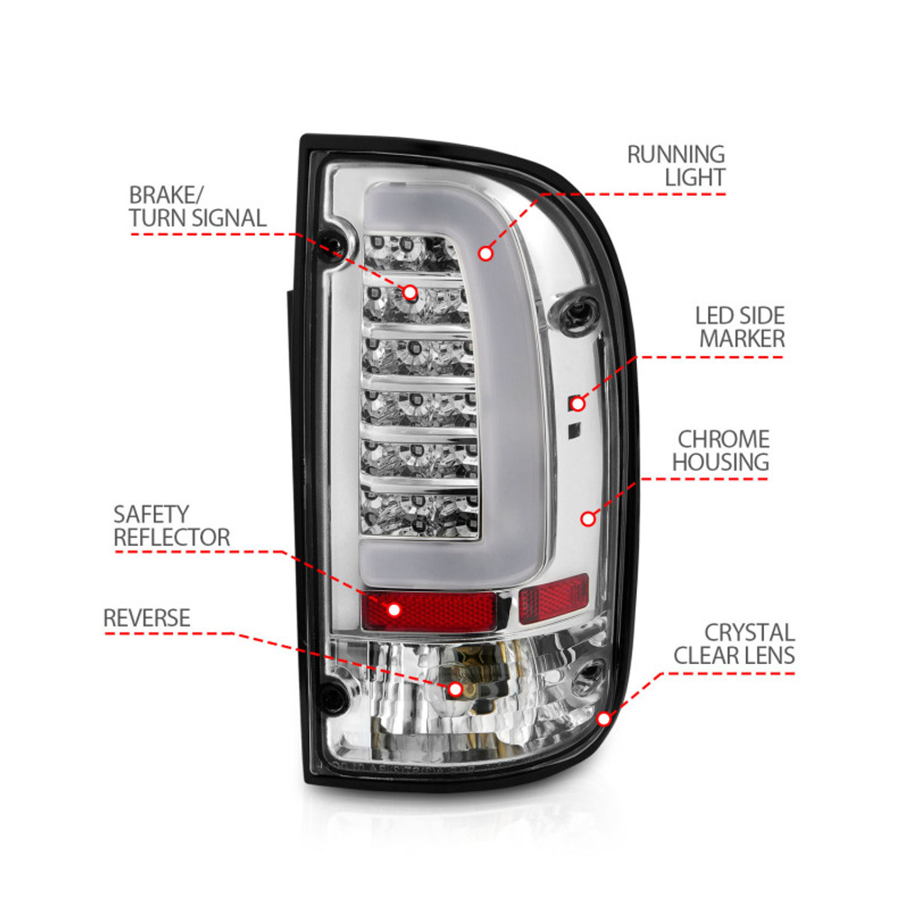 ANZO 95-00 Toyota Tacoma LED Taillights Chrome Housing Clear Lens (Pair) - 311355