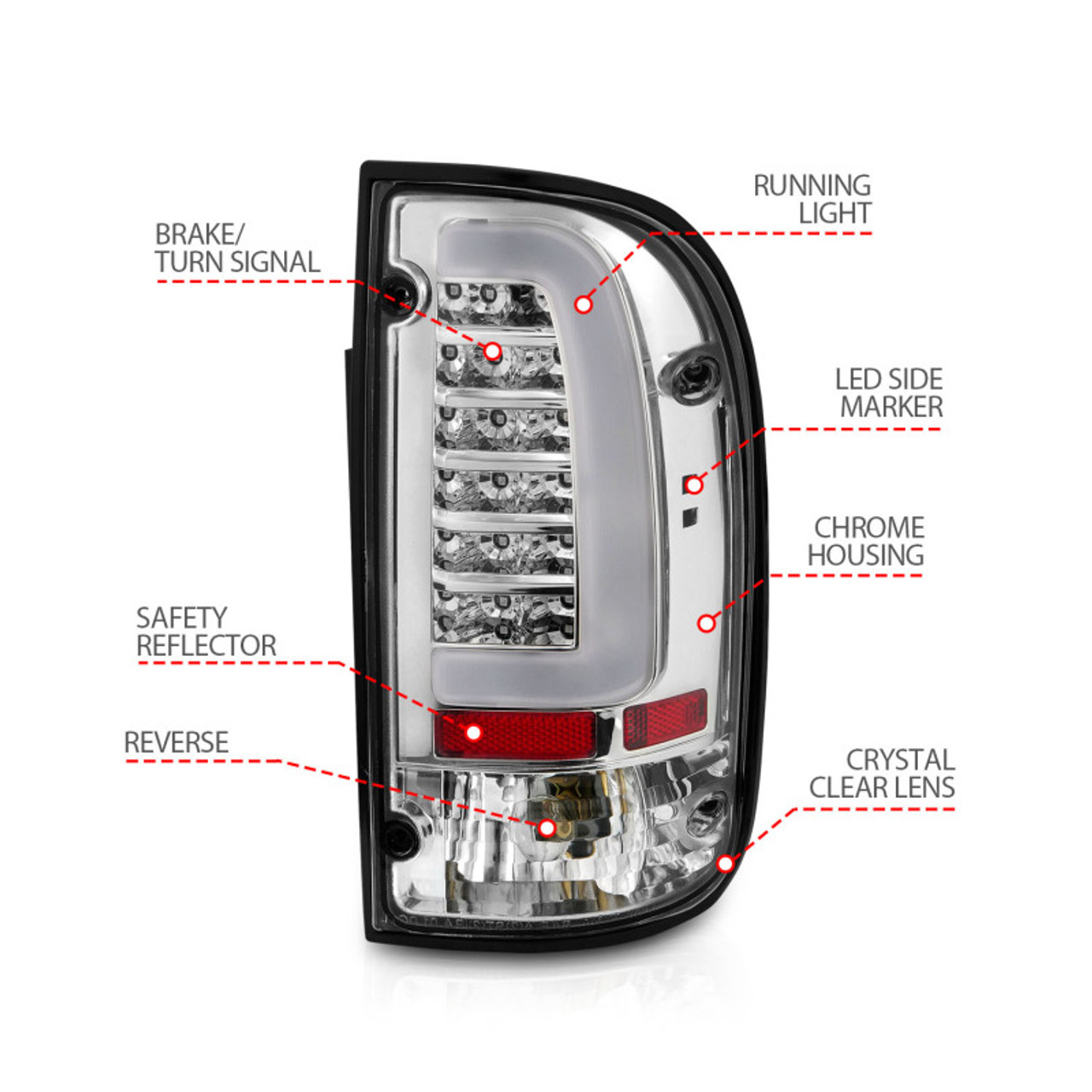 ANZO 95-00 Toyota Tacoma LED Taillights Chrome Housing Clear Lens (Pair) - 311355