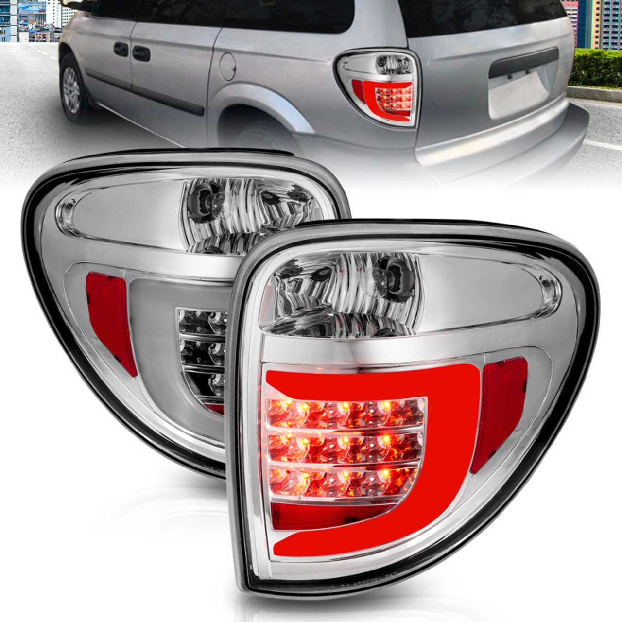 ANZO 2004-2007 Dodge Grand Caravan LED Tail Lights w/ Light Bar Chrome Housing Clear Lens - 311367
