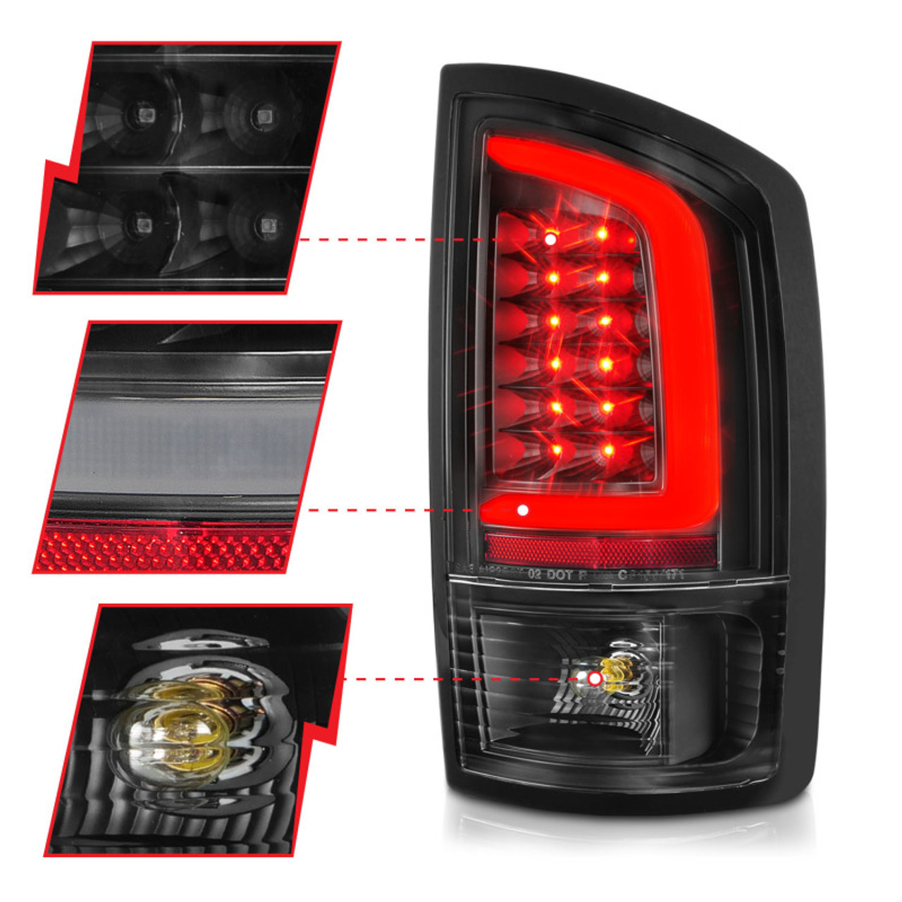 ANZO 2002-2006 Dodge  Ram 1500 LED Tail Lights w/ Light Bar Black Housing Clear Lens - 311368