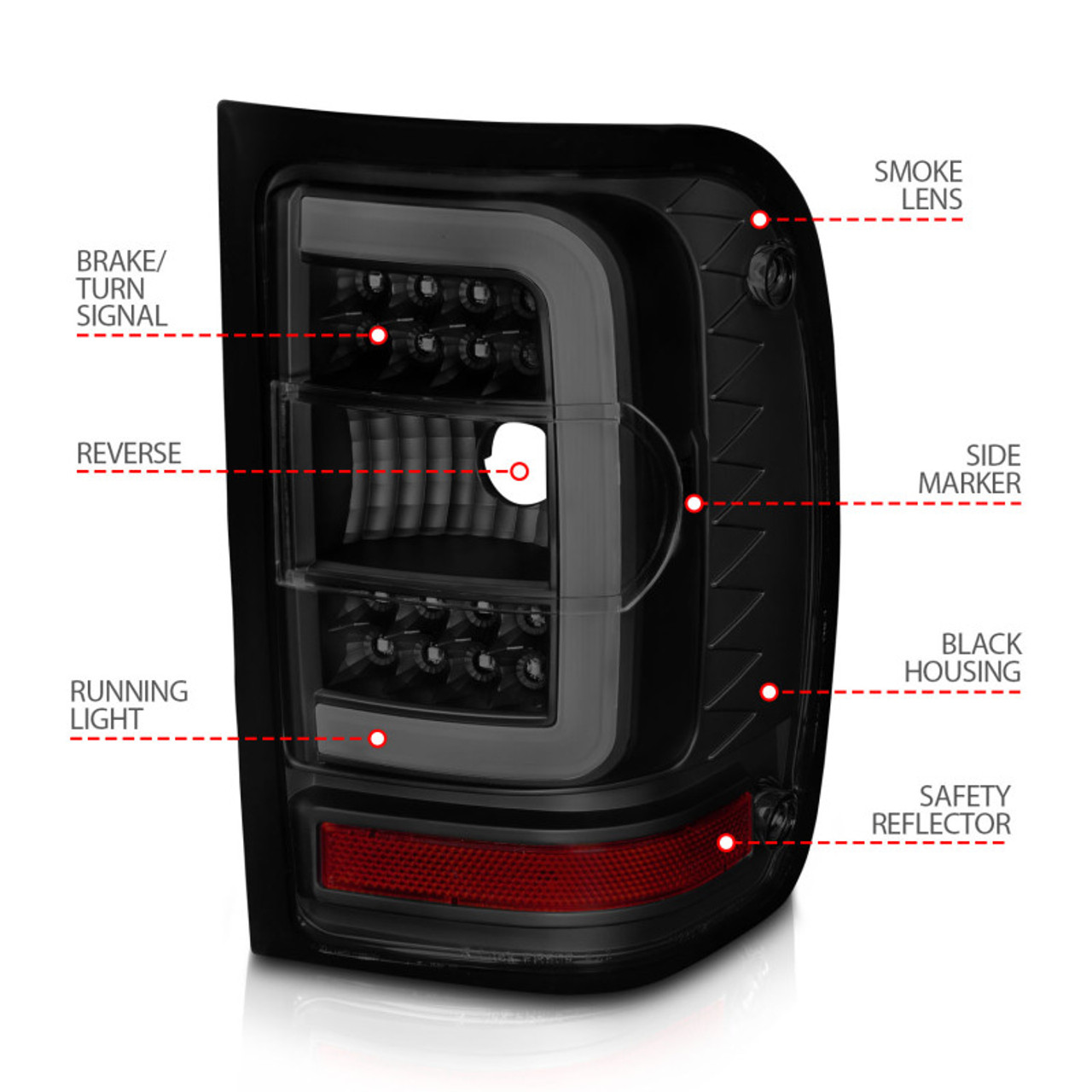 ANZO 01-11 Ford Ranger LED Taillights - Black Housing w/ Smoke Lens & Light Bar - 311391
