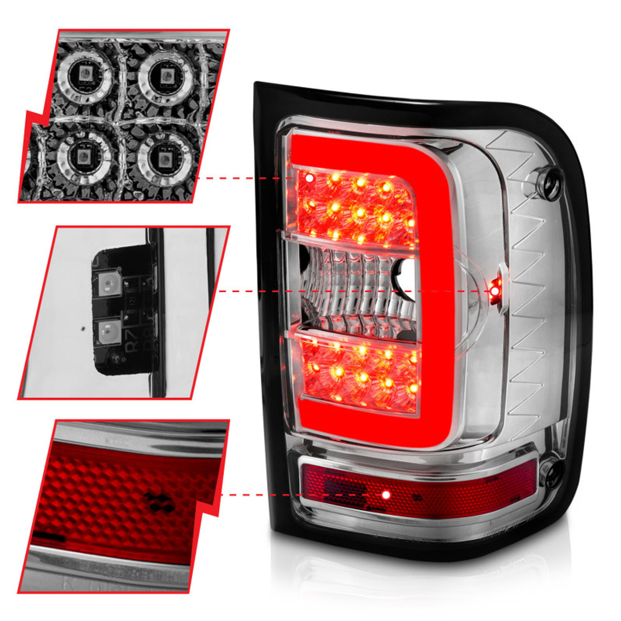 ANZO 2001-2011 Ford  Ranger LED Tail Lights w/ Light Bar Chrome Housing Clear Lens - 311392