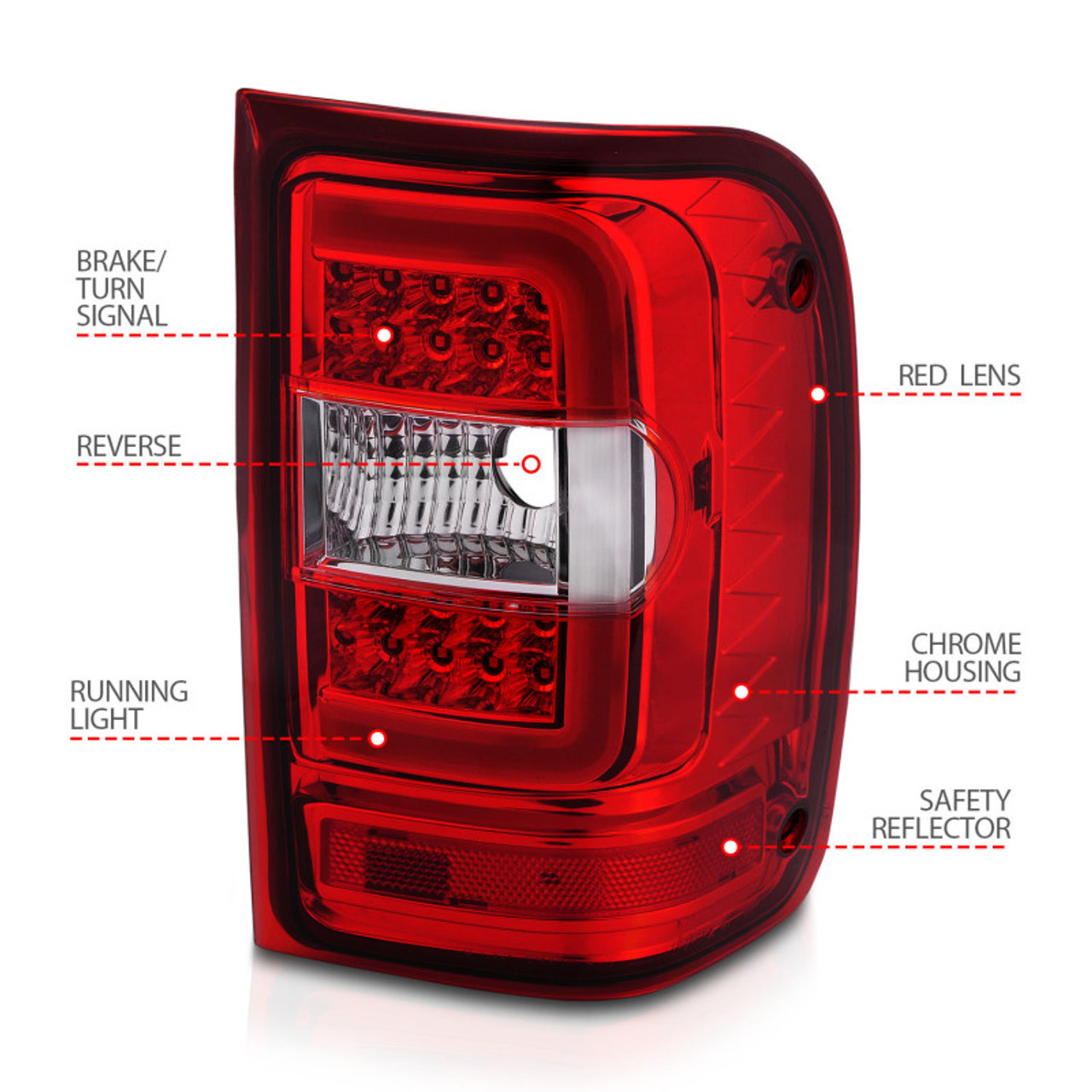 ANZO 2001-2011 Ford  Ranger LED Tail Lights w/ Light Bar Chrome Housing Red/Clear Lens - 311393