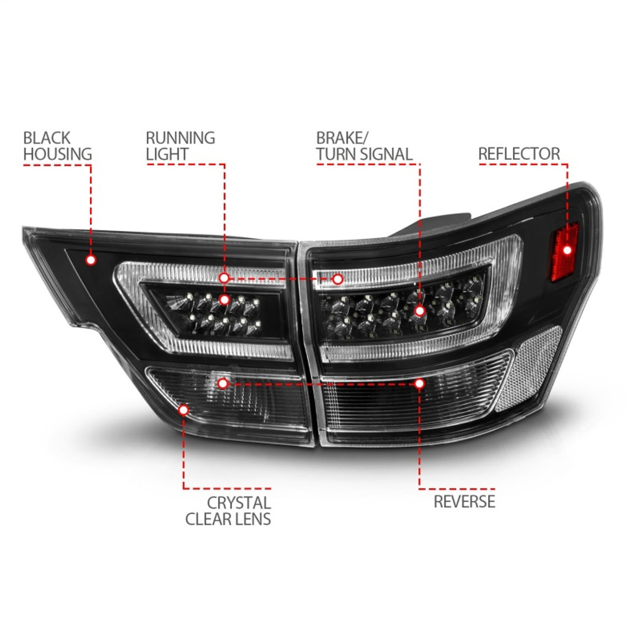 ANZO 11-13 Jeep Grand Cherokee LED Taillights w/ Lightbar Black Housing/Clear Lens 4pcs - 311439