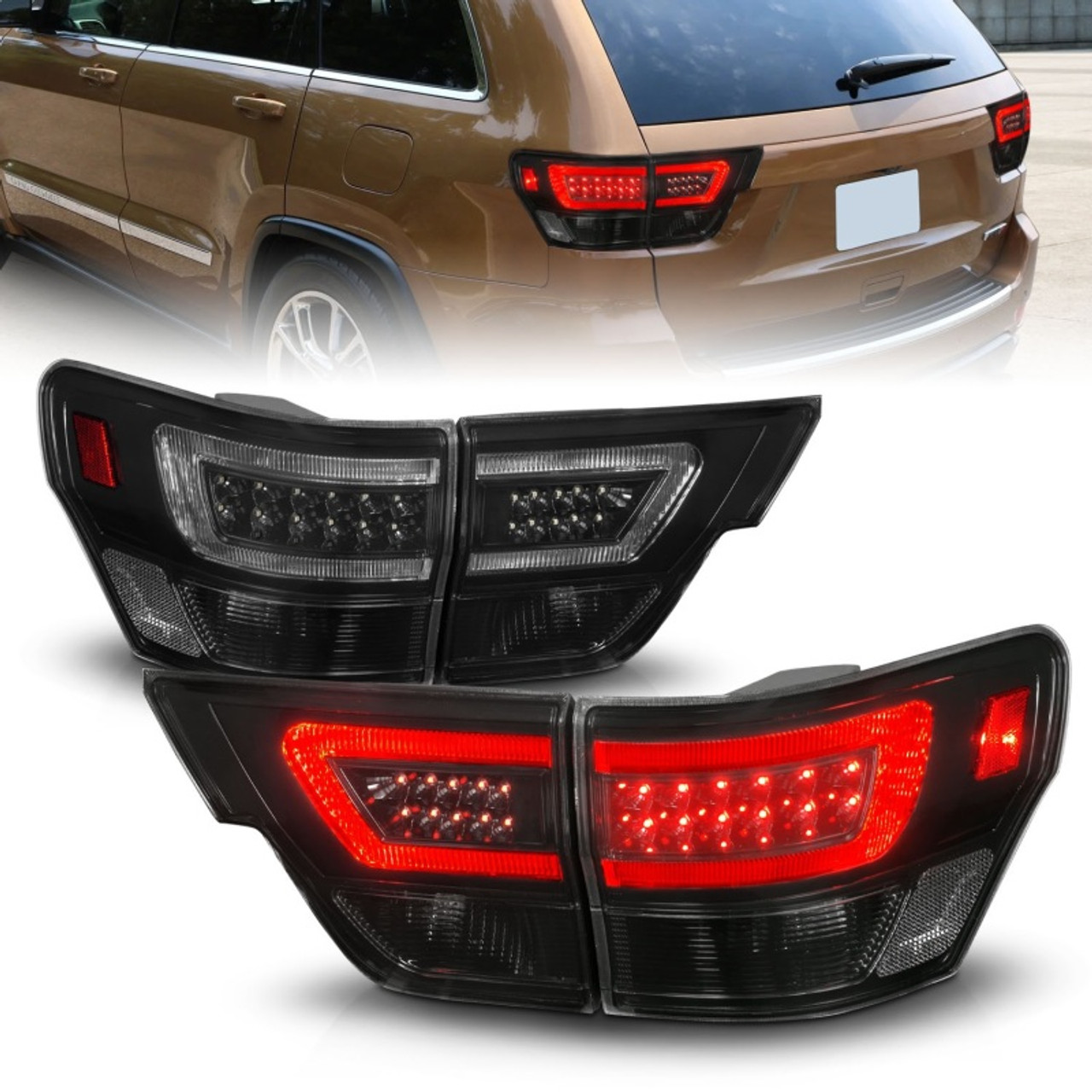 ANZO 11-13 Jeep Grand Cherokee LED Taillights w/ Lightbar Black Housing/Smoke Lens 4pcs - 311440