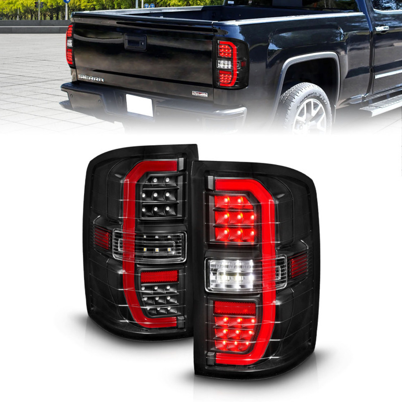 ANZO 14-18 GMC Sierra 1500 Full LED Taillights Black Housing Clear Lens (w/C Light Bars) - 311464