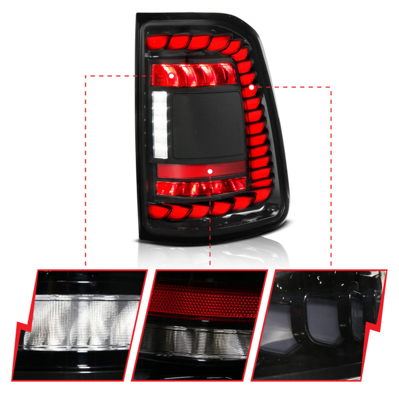 ANZO 19-24 RAM 1500 (Factory Halogen Models) Full LED Tail Lights SeqSig Black - Pair - 311480A