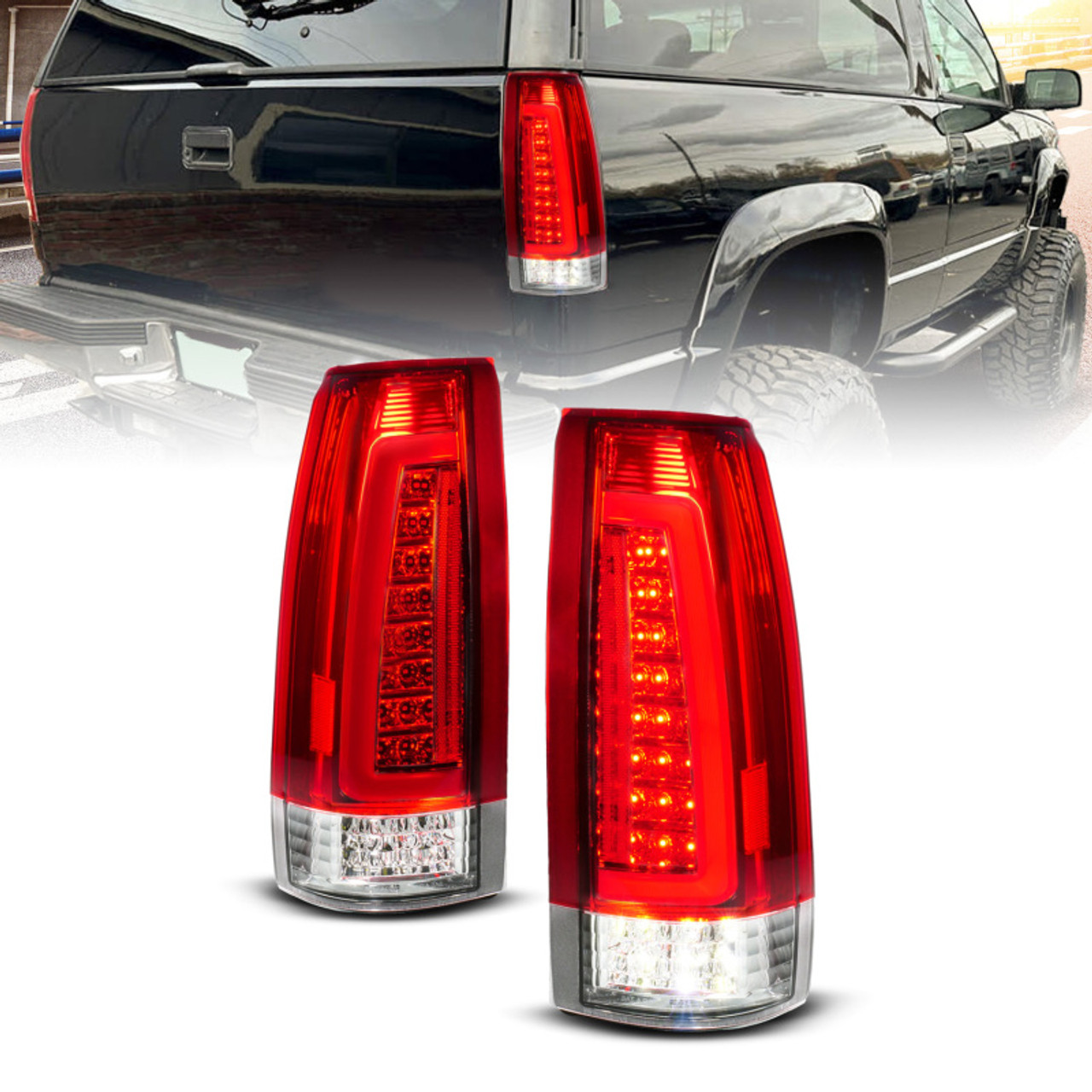 ANZO 88-99 Chevy C/K1500/2500/3500 Full LED Light Tube Taillights Chrome Housing Red/Clear Lens - 311484