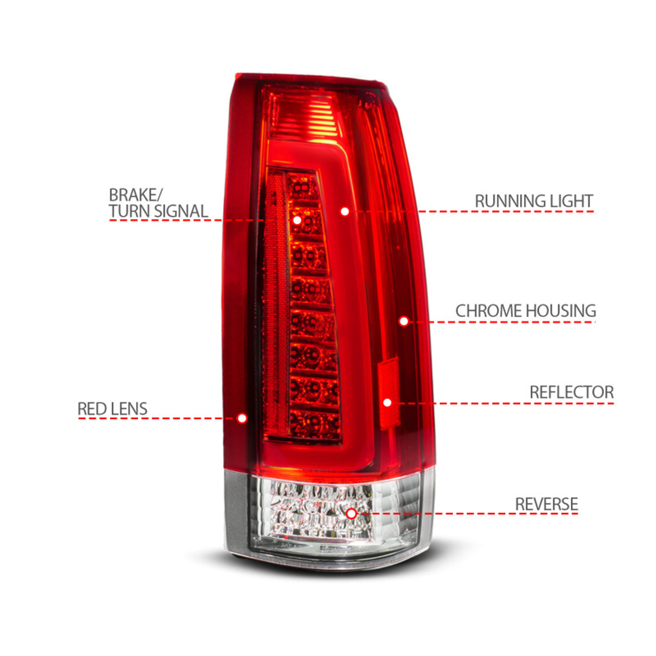 ANZO 88-99 Chevy C/K1500/2500/3500 Full LED Light Tube Taillights Chrome Housing Red/Clear Lens - 311484