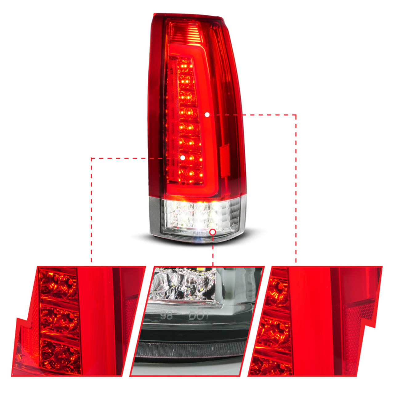 ANZO 88-99 Chevy C/K1500/2500/3500 Full LED Light Tube Taillights Chrome Housing Red/Clear Lens - 311484